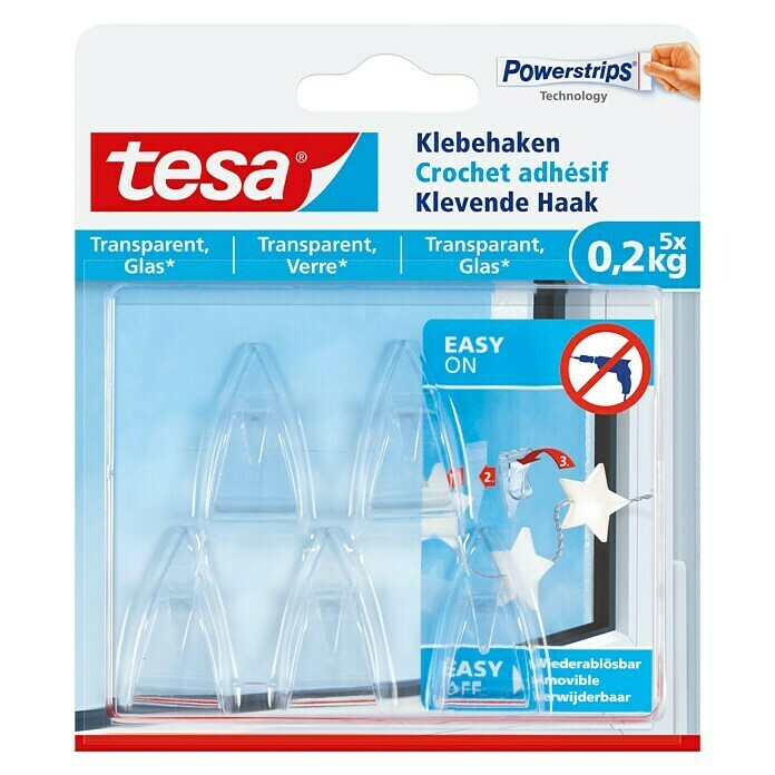Tesa Klebehaken (Geeignet für: Glas, Belastbarkeit: 0,2 kg, 5 Stk., Transparent)