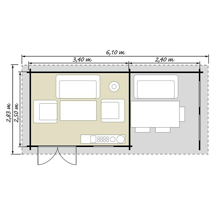 Blockbohlenhaus Lounge 3 (Holz, Grundfläche: 14,5 m², Wandstärke: 28 mm)