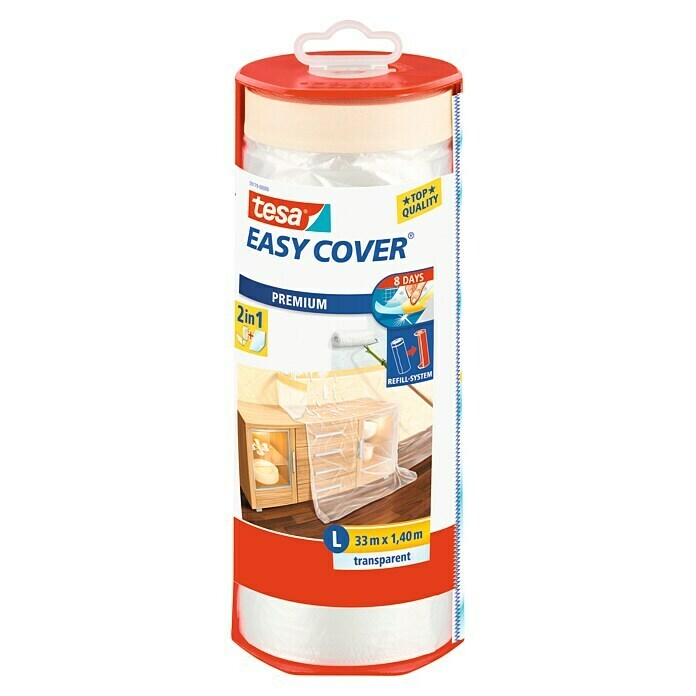 Tesa Easy Cover Premium Abdeckfolie (1,4 x 33 m, Größe: L, Einseitiger Kreppkleberand)