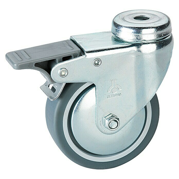 Stabilit Rueda giratoria para equipos (Diámetro ruedas: 75 mm, Capacidad de carga: 50 kg, Casquillo liso, Con agujero pasante y freno)