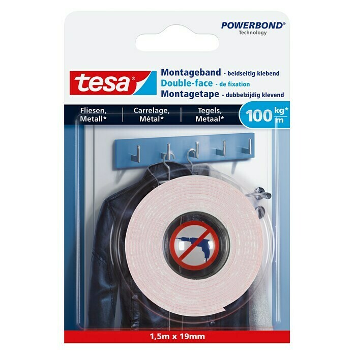 Tesa Montageband (Geeignet für: Fliesen, Belastbarkeit: 100 kg/m, 1,5 m x 19 mm)