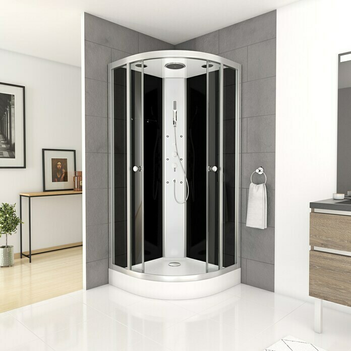 Cabina de ducha de 90 cm modelo Jada extensible de PVC apertura lateral tipo fuelle de color blanco. puerta única con paneles semitransparentes