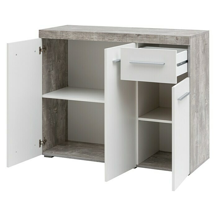 Wilmes Sideboard (L x B x H: 38,5 x 105 x 84 cm, Weiß/Beton, Anzahl Schubladen: 1 Stk., Anzahl Türen: 3 Stk.)