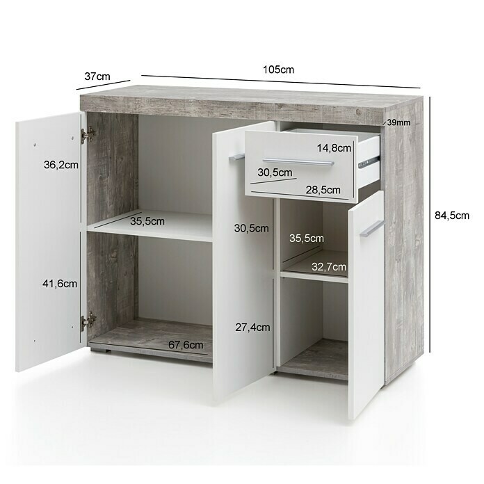 Wilmes Sideboard (L x B x H: 38,5 x 105 x 84 cm, Weiß/Beton, Anzahl Schubladen: 1 Stk., Anzahl Türen: 3 Stk.)