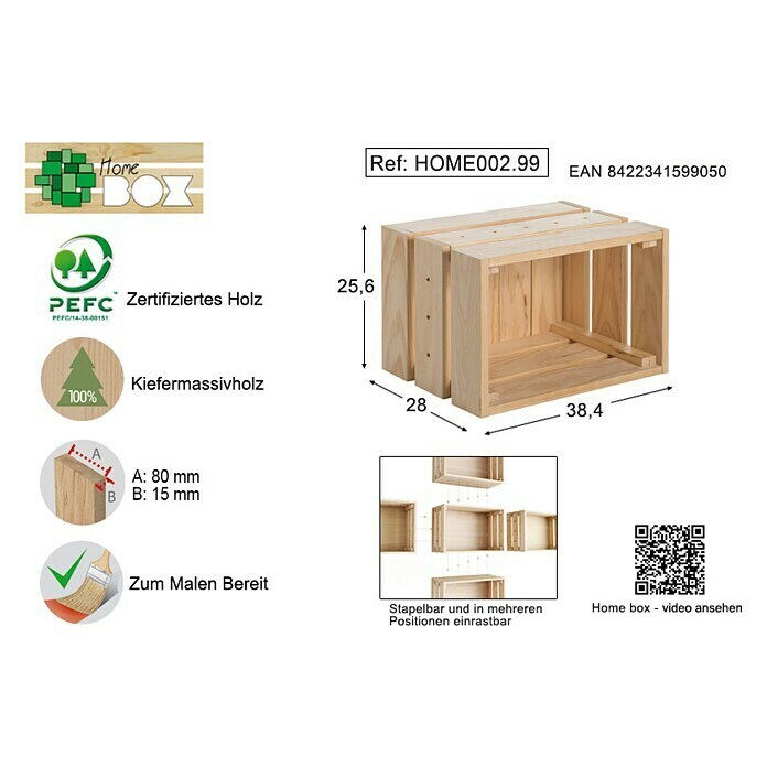 Astigarraga Home Box Holzkiste (L x B x H: 28 x 38,4 x 25,6 cm, Kiefernholz)
