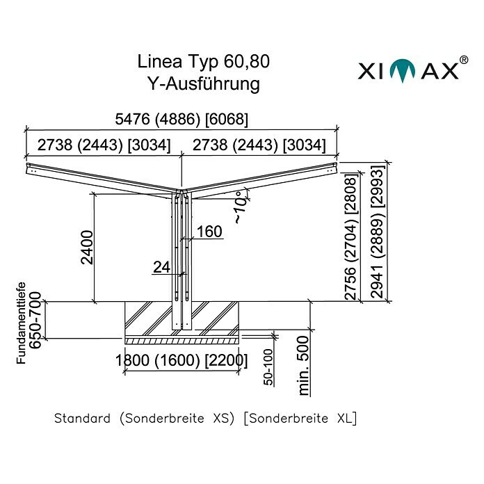 Ximax Carport LINEA Y 60 (4,9 x 5,4 m, Einfahrtshöhe: 2,2 m, Edelstahloptik, Schneelast: 75 kg/m²)