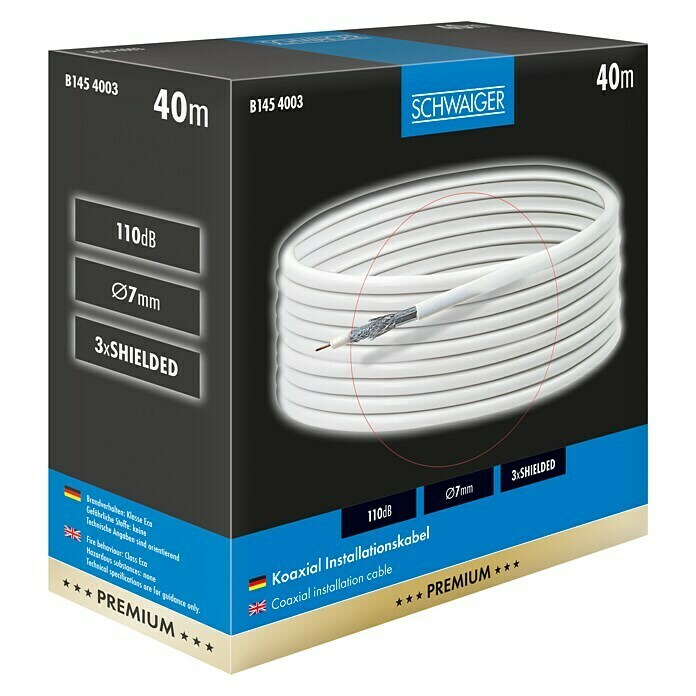 Schwaiger Koaksijalni kabel (40 m, Bijelo, 110 dB, Promjer: 7 mm)