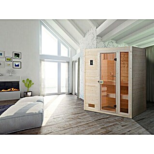 Finnwood Massivholzsauna Lasse 2 (Mit 7,5 kW Saunaofen mit externer Steuerung, Material Tür: Einscheibensicherheitsglas (ESG), 139 x 189 x 203 cm)