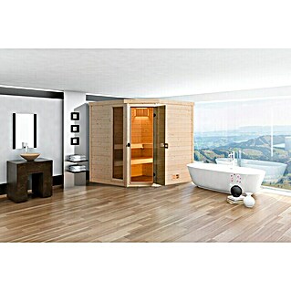 Finnwood Massivholzsauna Bjoern Trend 3 (Mit 9 kW Saunaofen mit integrierter Steuerung, Material Tür: Einscheibensicherheitsglas (ESG), 198 x 248 x 203 cm)