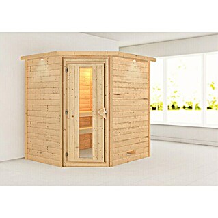 Karibu Massivholzsauna Mia (Mit 4,5 kW Saunaofen mit integrierter Steuerung, Mit Dachkranz und Beleuchtung, Material Tür: Massivholz, 184 x 224 x 202 cm)