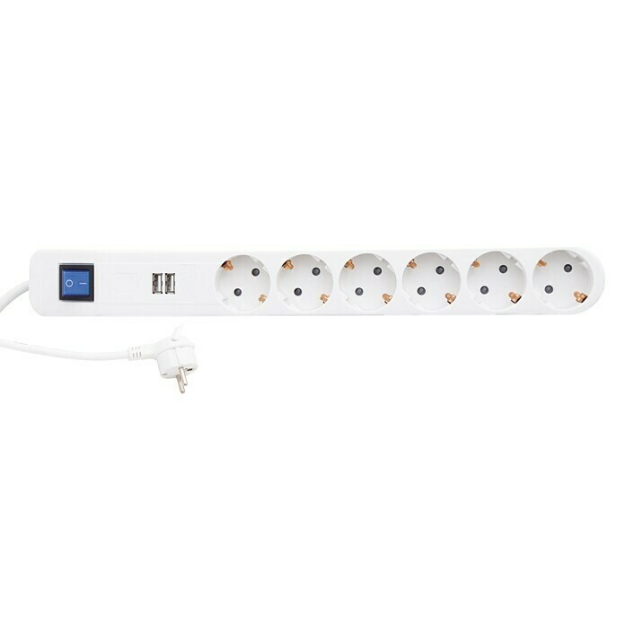 REV Steckdosenleiste (6-fach, Weiß/Grau, Kabellänge: 1,4 m, 2 USB-Anschlüsse)