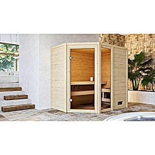 Karibu Massivholzsauna Jada (Mit 9 kW Saunaofen mit integrierter Steuerung, Ohne Dachkranz, Material Tür: Ganzglas Bronze, 146 x 196 x 187 cm)