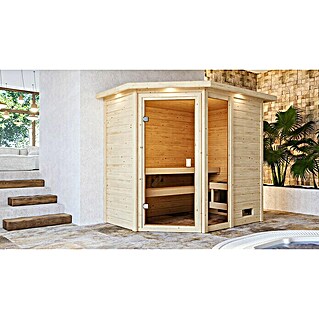 Karibu Massivholzsauna Jada (Mit 9 kW Saunaofen mit integrierter Steuerung, Mit Dachkranz und Beleuchtung, Material Tür: Ganzglas Bronze, 160 x 224 x 191 cm)
