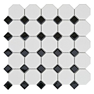 Baldosa de mosaico Octógono (30 x 30 cm, Blanco/Negro)