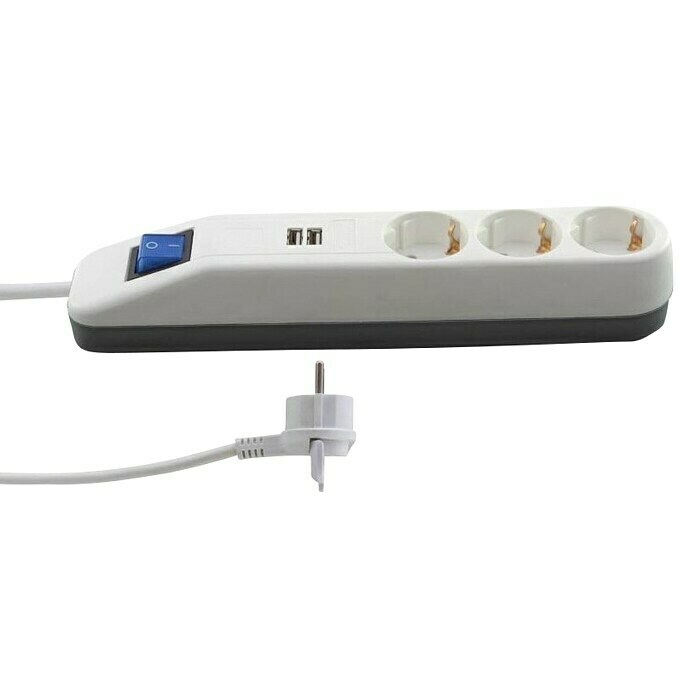 REV Produžni kabel s utičnicama (3-struko, Bijelo / sivo, Duljina kabela: 1,4 m, 2 USB priključka)