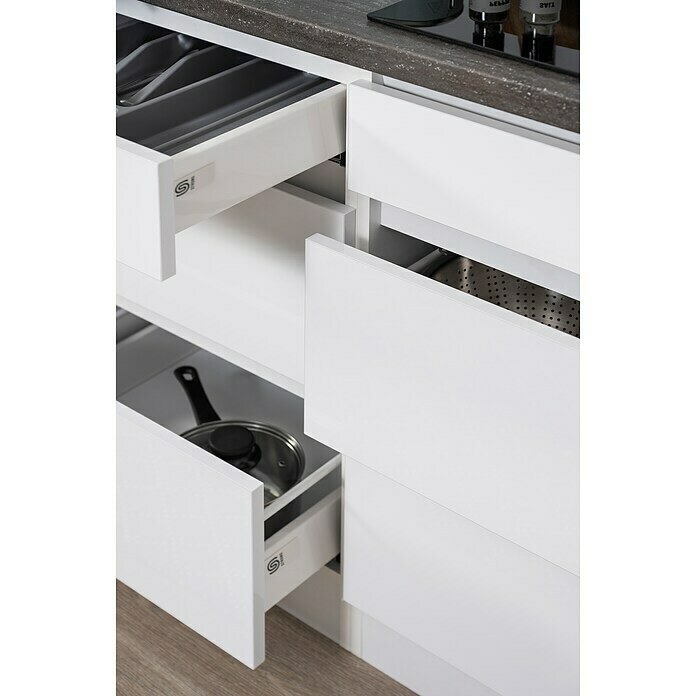 Respekta Premium Küchenzeile GLRP445HWWGKE (Breite: 445 cm, Mit Elektrogeräten, Weiß Hochglanz)
