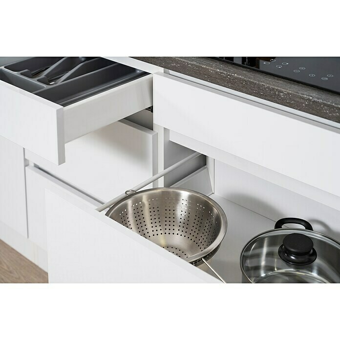 Respekta Premium Küchenzeile GLRP445HWWGKE (Breite: 445 cm, Mit Elektrogeräten, Weiß Hochglanz)