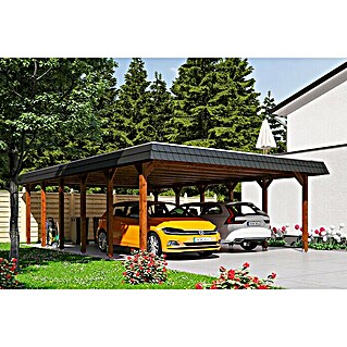 Skan Holz Doppelcarport Spreewald (L x B: 893 x 585 cm, Einfahrtshöhe: 221 cm, Nussbaum/Schwarz, Aluminium-Dachplatten)