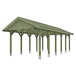 Skan Holz Carport Wallgau (L x B: 900 x 430 cm, Einfahrtshöhe: 215 cm, Grün, Dachlatten zur Eindeckung mit Dachziegeln)