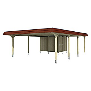 Skan Holz Doppelcarport Wendland (L x B: 879 x 630 cm, Einfahrtshöhe: 216 cm, Natur/Rot, Materialspezifizierung Dach: EPDM-Folie, Mit Abstellraum)