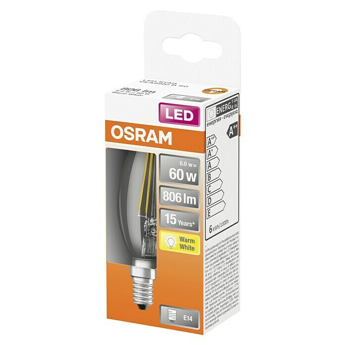 Osram Retrofit Bombilla LED Classic (6,5 W, Color de luz: Blanco cálido, No regulable, Vela)