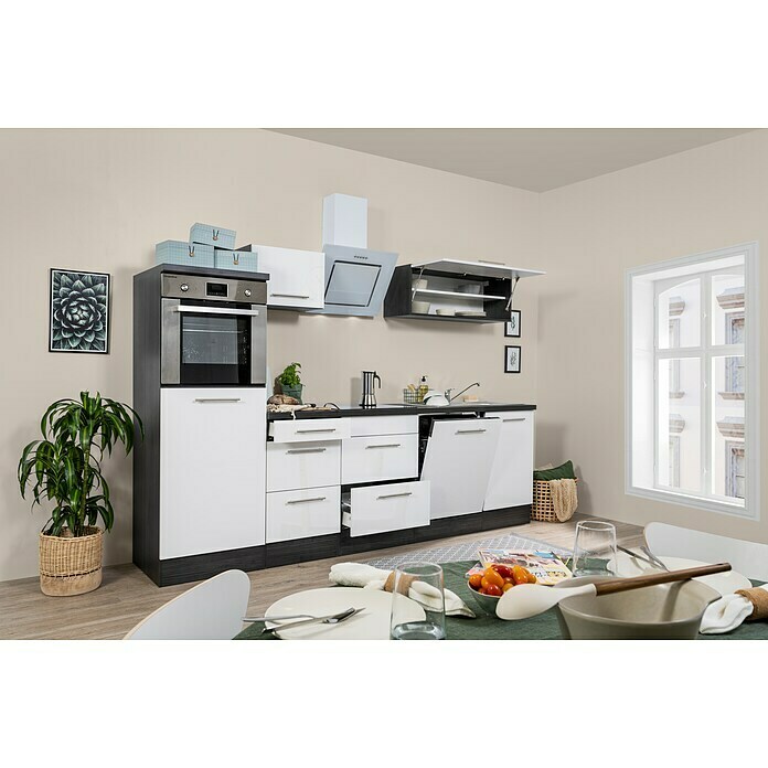 Respekta Premium Küchenzeile RP280HEWBO (Breite: 280 cm, Mit Elektrogeräten, Weiß Hochglanz)
