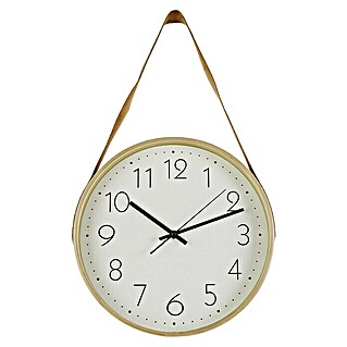 Reloj de pared redondo Natural con correa polipiel (Blanco/Madera, Diámetro: 31 cm)
