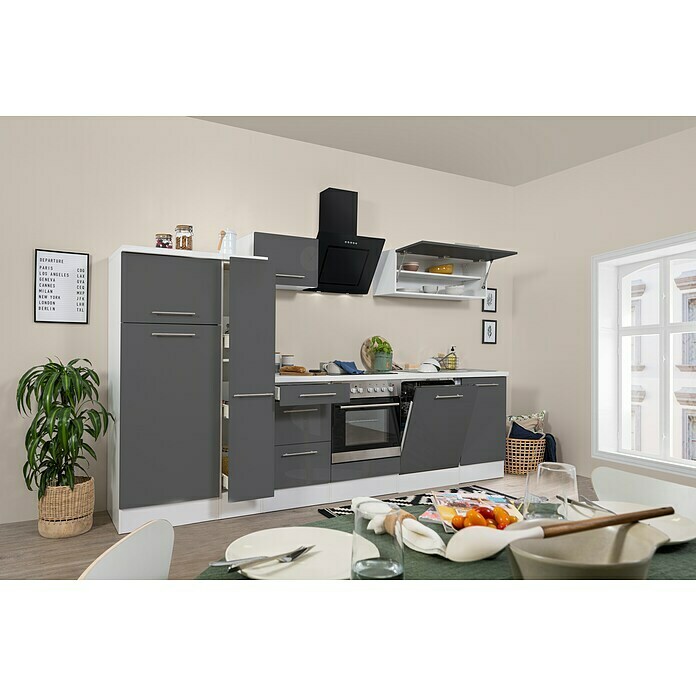 Respekta Premium Küchenzeile RP310WGCBO (Breite: 310 cm, Mit Elektrogeräten, Grau Hochglanz)