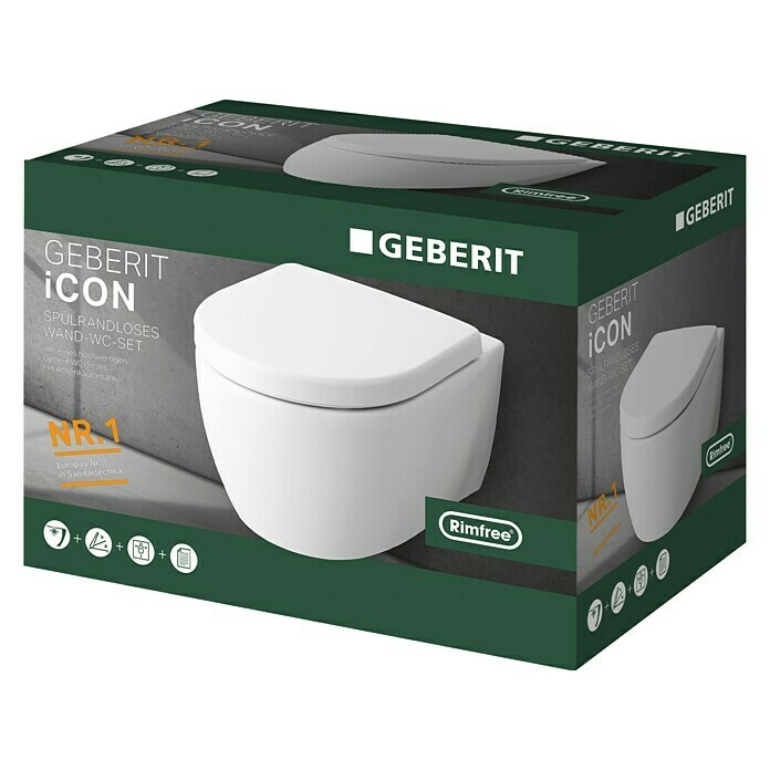 Geberit iCon Spülrandloses Wand-WC-Set (Mit WC-Sitz, Tiefspüler, Weiß)