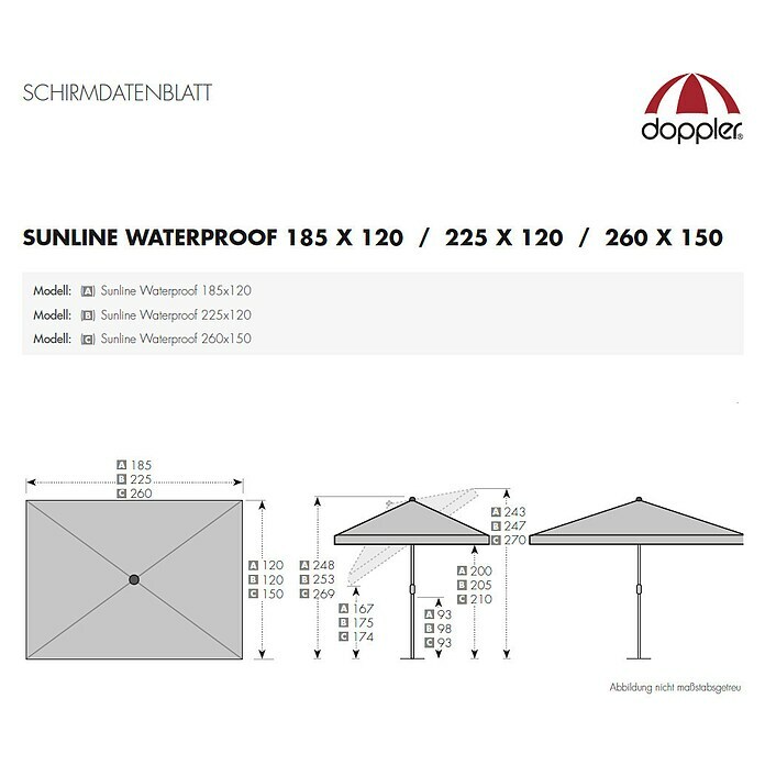 Doppler Sonnenschirm Sunline Waterproof Neo (Grau, 185 x 120 cm)