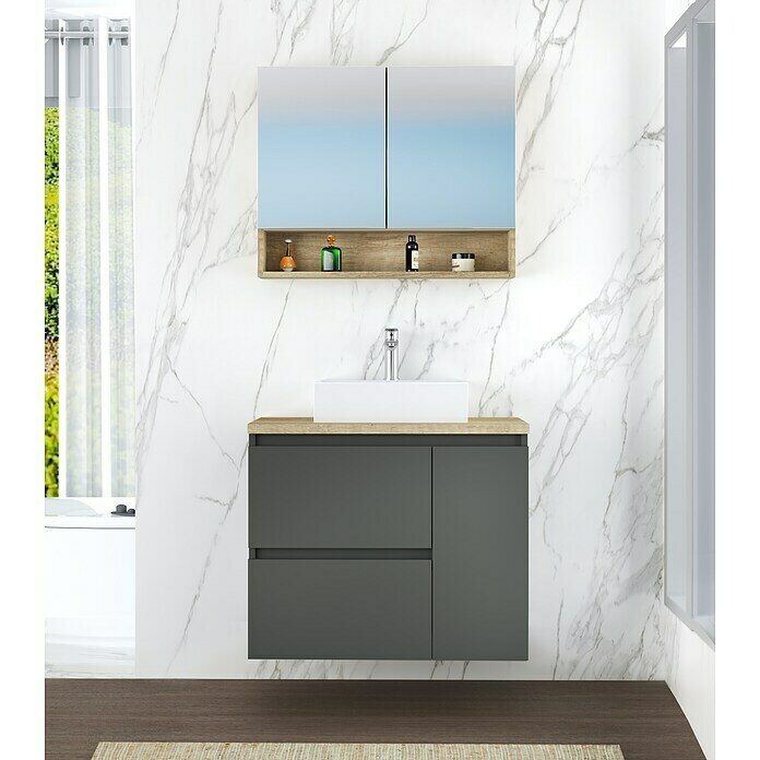 Planetmöbel Armario para lavabo 39,2 x 55 x 21,7 cm en antracita mango y apertura ajustable con lavabo 40 x 9 cm de cerámica 