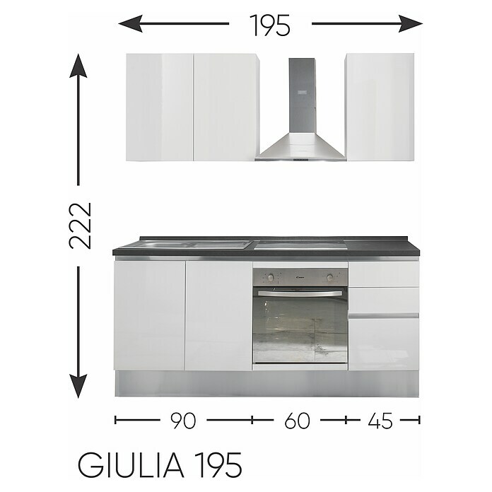 Singleküche Giulia (Breite: 195 cm, Anschlag links, Weiß)