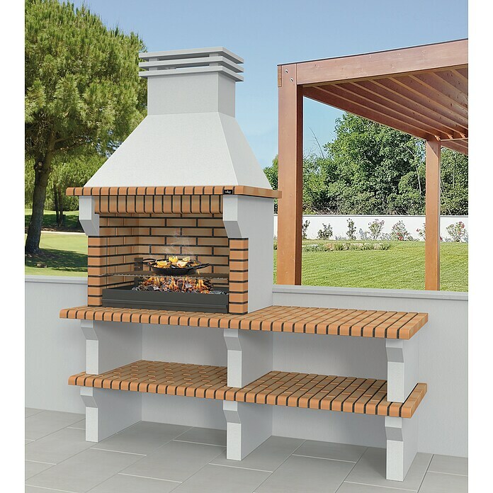 Barbacoa con chimenea Viana y mesa lateral (Superficie parrilla: 86 x 50 cm, Arcilla refractaria)