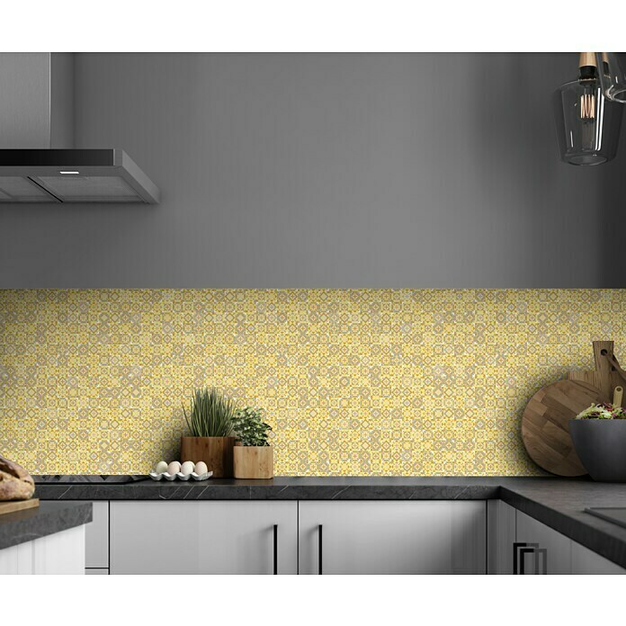 Resopal Küchenrückwand Fixmaß Acryl (Saffron Tiles, 360 x 62 cm, Stärke: 37 mm, Holz)