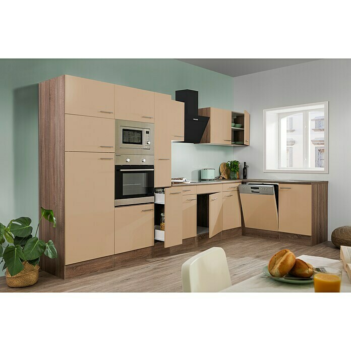 Respekta Küchenzeile KB370EYCMIGKE (Breite: 370 cm, Mit Elektrogeräten, Cappuccino Seidenglanz)